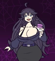 aunt blue_eyes cleavage clothed clothing hex_maniac hextraspectra messy_hair milk milk_bottle pokemon purple_hair virtual_youtuber vtuber