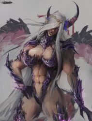 1girls abs big_breasts blonde_hair breasts cleavage dark_skin dragon_girl dragon_wings female female_only fire_emblem fire_emblem_engage grey_hair horns lips long_hair monster_girl muscular muscular_female navel nintendo pointy_ears purple_eyes scales sephilash signature solo thick_thighs thighs wide_hips wings zephia_(fire_emblem)