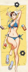 1girls abs armpits arnold_tsang athletic_female barefoot bikini breasts capcom cellphone chun-li dakimakura_(medium) deviantart earbuds female female_only fully_clothed lying lying_on_back on_back solo street_fighter swimsuit udon_entertainment