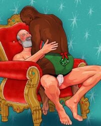 2boys african african_male ass back_muscles butt caucasian caucasian_male christmas dark-skinned_male dark_skin gay interracial male male_only meathook_magazine melanin muscles muscular muscular_male santa_claus sitting_on_lap spread_legs underwear