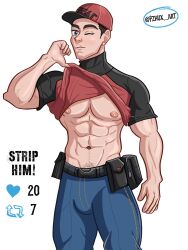 abs bulge courier_(pokemon) english_text male male_only muscles muscular muscular_male pokemon pokemon_sv pzhux shirt_lift smooth_chest smooth_skin strip_game winking_at_viewer