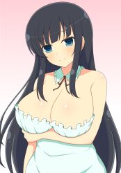 1girls black_hair blue_eyes cleavage dress female huge_breasts ichiryuu_tsumiki ikaruga_(senran_kagura) light-skinned_female light_skin looking_at_viewer ribbon senran_kagura sidelocks simple_background smile solo standing very_long_hair