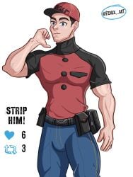 bulge clothed courier_(pokemon) english_text male male_only muscles muscular muscular_male pokemon pokemon_sv pzhux strip_game