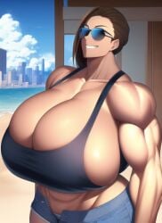 1girls abs ai_generated aviator_sunglasses bare_arms bare_legs bare_midriff bare_shoulders bare_thighs beach biceps black_tank_top blue-tinted_eyewear blue_shorts breasts broad_shoulders brown_hair building city cleavage collarbone day deep_cleavage denim_shorts game_freak giantess gigantic_breasts grin huge_breasts impossible_clothes impossible_clothing impossible_shirt large_breasts massive_breasts midriff muscle muscle_growth muscle_tone muscles muscular muscular_arms muscular_female muscular_legs muscular_thighs nai_diffusion nintendo npc_trainer ocean pokemon pokemon_sv shiny_skin short_shorts shorts sideboob single_hair_intake smile stable_diffusion sunglasses tank_top thick_arms thick_thighs tinted_eyewear unzipped unzipped_shorts voluptuous wide_hips