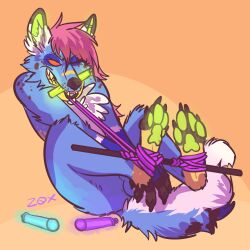 1:1 4_toes ambiguous_gender anthro blue_body blue_fur bound canid canine chest_tuft claws collar collar_only covering covering_crotch covering_self ear_piercing feet feet_tied fur glowing glowing_ears glowing_pawpads glowstick glowstick_in_mouth green_pawpads hair hi_res lying mammal multicolored_body multicolored_fur nude object_in_mouth on_back one_eye_closed orange_background pawpads piercing pink_hair signature simple_background solo teeth toes tuft z0x