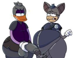 anatid anseriform anthro avian bat bird black_body black_fur blue_clothing blue_shirt blue_topwear clothing duck duo eyewear fur genitals glasses hat headgear headwear male male/male mammal obese overweight penis purple_body purple_fur shirt swankybones toontown_bat toontown_corporate_clash toontown_duck toontown_online topwear