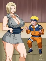 age_difference big_breasts blonde_female blonde_hair blonde_male breasts erect_penis erection excited female light-skinned_female light-skinned_male light_skin looking_at_viewer male mature mature_female milf naruto naruto_(classic) naruto_(series) older_female penis pinkpawg smile smiling thick thick_thighs tsunade uzumaki_naruto younger_male