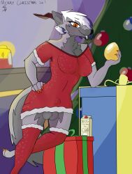 absurd_res anthro ball_tuft balls bluesxx bottomless breasts bulge candle canid canid_demon canine christmas christmas_clothing christmas_ornament christmas_tree claws clothed clothing colored darii_(topazknight) demon detailed_background egg eggnog fluffy fur genitals gift glitter grey_body grey_fur hair hellhound hi_res holidays horn intersex legwear mammal multicolored_hair neck_tuft nipple_outline nipples orange_eyes pawpads paws plant shaded solo sparkles stockings tight_clothing tongue tongue_out tree tuft white_hair