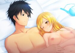 1boy absurdres after_sex bed bed_sheet black_eyes black_hair blonde_hair blue_bra blush bra bra_removed breasts commission commissioner_upload completely_nude couple crossover female hair_down highres holding_hands human human_only implied_after_sex kamijou_touma kirou_(kiruyuu1210) long_hair looking_at_another mahou_shoujo_madoka_magica medium_breasts navel nipples non-web_source nude one_eye_closed pillow romantic romantic_couple skeb_commission smile spiked_hair straight to_aru_kagaku_no_railgun to_aru_majutsu_no_index tomoe_mami underwear yellow_eyes young