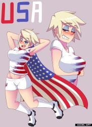 2022_fifa_world_cup accelart american_flag big_breasts bite_lips blonde_hair blush jersey smile world_cup