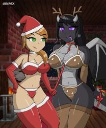 2d 2girls alex_(minecraft) azurexarts bedroom_eyes bikini bra christmas ender_dragon eyeliner female female_only gloves jean? jean_(minecraft) lingerie minecraft nude panties reindeer_costume santa_costume scalie scalie_female socks stockings thick_thighs thighhighs