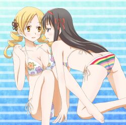 10s 2girls akemi_homura ass bad_anatomy bad_id bad_pixiv_id barefoot bikini black_hair blonde_hair breasts cleavage drill_hair error feet floral_print hair_ornament hair_ribbon imminent_kiss large_breasts long_hair ma_tsukasa mahou_shoujo_madoka_magica multicolored_bikini multicolored_clothes multicolored_stripes multiple_girls print_bikini purple_eyes ribbon side-tie_bikini_bottom striped swimsuit tomes tomoe_mami twin_drills twintails yellow_eyes yuri