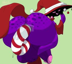 1boy anus ass backsack balls big_balls big_butt bodily_fluids bottom_heavy butt_focus candy candy_cane christmas christmas_clothing clothed clothing dessert devoid_(kingofacesx) digital_media_(artwork) english_text fecharis feelin_synful femboy food food_fetish food_play freckles genital_fluids genitals ghost hat headgear headwear hi_res hidden_face holidays huge_ass huge_balls huge_cock hung_trap imp large_insertion looking_at_viewer male male_only open_mouth penetration penis purple_skin shortstack simple_background small_but_hung smile solo spirit text witch_hat