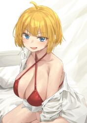 1girls arms_between_legs big_breasts bikini bikini_top blonde_hair blue_eyes blush cleavage female female_focus female_only griffon_(last_origin) highres ichihyaku_nanajuu large_breasts last_origin light-skinned_female light_skin open_shirt red_bikini shirt short_hair sitting solo strap_gap sweat sweatdrop swimsuit thighs white_shirt