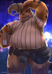 2022 anthro belly big_belly blush bodily_fluids bulge clothing delivery_(commerce) delivery_employee felid hat headgear headwear hi_res kemono korokke male male_only mammal overweight overweight_male pantherine shirt solo sweat tiger topwear underwear