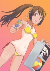 aiming_at_viewer armlet ball bangs beachball bikini breasts brown_hair dutch_angle earrings female flower gradient gradient_background hair_flower hair_ornament halterneck highres holding holding_water_gun human jewelry keicha_(kmoekaki) long_hair looking_at_viewer magia_record:_mahou_shoujo_madoka_magica_gaiden mahou_shoujo_madoka_magica medium_breasts navel necklace one-piece_tan open_mouth orange_eyes side-tie_bikini_bottom side_ponytail small_kyubey solo stomach string_bikini sunflower_hair_ornament swimsuit tan tanline water_gun yellow_bikini young yui_tsuruno