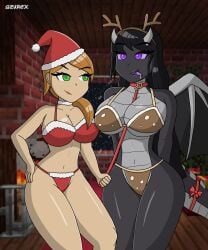 2d 2girls alex_(minecraft) azurexarts bedroom_eyes bikini bra christmas ender_dragon eyeliner female female_only jean? jean_(minecraft) lingerie minecraft nude panties reindeer_costume santa_costume scalie scalie_female thick_thighs