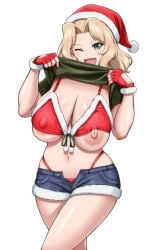 areola_slip bikini blonde_hair blue_eyes blush breast_slip breasts christmas clothes_lift female fingerless_gloves fur_trim girls_und_panzer gloves hat highres kay_(girls_und_panzer) large_breasts looking_at_viewer metal_man10 navel nipples one_eye_closed open_clothes open_mouth open_shorts red_bikini red_gloves santa_bikini santa_hat shiny shiny_hair shiny_skin shirt_lift short_shorts shorts simple_background skindentation smile solo swimsuit white_background