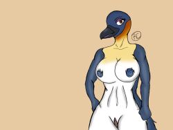 anthro avian beak bird feathers female genitals gloria_(happy_feet) happy_feet looking_at_viewer makeup nipples nude penguin pussy rcblackdie simple_background solo