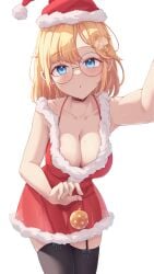 1girls blonde_hair blue_eyes breasts busty christmas christmas_outfit cleavage female female_only garter_straps glasses hololive hololive_english hololive_myth large_breasts light-skinned_female light_skin looking_at_viewer nerd nerdy_female round_glasses see-through see-through_clothing selfie shironekokfp solo thighhighs underwear virtual_youtuber watson_amelia