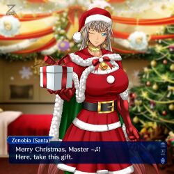 big_breasts blue_eyes christmas christmas_outfit dark-skinned_female fate/grand_order fate_(series) female_only gift gift_box jewelry large_breasts long_hair looking_at_viewer muscular_arms muscular_female solo solo_female text text_box two_tone_hair wink winking_at_viewer zebas71 zenobia_(fate)