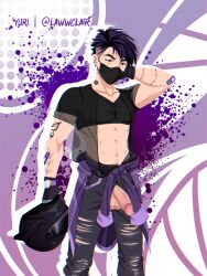 1boy abs asian asian_male biker black_hair helmet lawwclair male male_only mask masked masked_male purple ripped_clothing solo tattoos yaoi