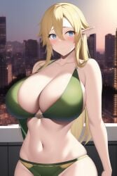 1girls ai_generated alluring big_breasts bikini blonde_hair cleavage green_eyes hotel_balcony leafa nai_diffusion nightcore_(artist) outside pointy_chin posing stable_diffusion sword_art_online