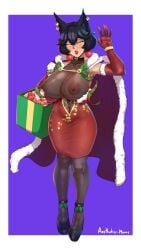 aestheticc-meme black_hair breasts_out busty cape cat_ears christmas christmas_outfit curvy dress earrings faunus heart-shaped_pupils kali_belladonna long_gloves milf mistletoe present rwby yellow_eyes