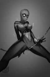 bodysuit breasts erect_nipples female grinding grinding_through_clothes hard_nipples horny horny_female marvel mask masked masked_female masturbation masturbation_through_clothing mayday_parker monochrome ninjakitty pussy_juice pussy_juice_drip pussy_juice_trail short_hair spider-girl spider-man_(series) superheroine through_clothes through_clothing wet_pussy