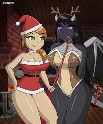 2d 2girls alex_(minecraft) azurexarts bedroom_eyes bikini bra christmas ender_dragon eyeliner female female_only jean? jean_(minecraft) lingerie minecraft nude panties reindeer_costume santa_costume scalie scalie_female thick_thighs