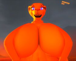 3d_(artwork) anthro big_breasts bikini bikini_top breasts clothing digital_media_(artwork) disney domizoni felid female glowing glowing_eyes huge_breasts hyper hyper_breasts lava lion lips looking_at_viewer looking_down mammal nala pantherine pinup pose smile solo source_filmmaker swimwear the_lion_king topwear