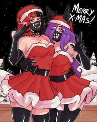 2022 2boys 2femboys anubis black_hair bob_cut christmas christmas_clothing christmas_outfit crossdressing dress elbow_gloves elf elf_ears femboy femboy_only femboymaycry gloves latex latex_gloves latex_thighhighs loggus_doggus long_hair male male_only purple_hair red_hair