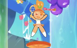 color colored cookie_run cookie_run_ovenbreak falling gameplay_mechanics orange_cookie orange_eyes orange_hair orange_skirt panties skirt smile socks striped_panties tagme tennis tennis_ball tennis_racket tennis_uniform upskirt white_socks