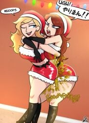 2girls christmas christmas_outfit crotch_rub dialogue fart fart_fetish female female_only oddtenn tenuousoddity winking