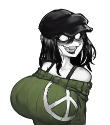 alpha_channel bare_shoulders big_breasts black_hair black_lipstick bra_strap bulging_breasts bust busty cabbie_hat clothed_female creepette_(sleeplesscreeper) empty_eyes evil_grin evil_smile green_sweater grin headwear huge_breasts large_breasts monster_girl newsboy_cap no_nose off_shoulder pale-skinned_female pale_skin png sharp_teeth straps sweater transparent_background undead upper_body white-skinned_female white_eyes white_sclera white_skin zer0ember