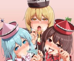 3girls baketsuya bangs black_headwear blonde_hair blue_eyes blue_hair blue_nails blush brown_hair condom cum cum_in_mouth cum_on_tongue drinking_from_condom frilled_hat frills gokkun gradient gradient_background hair_between_eyes half-closed_eyes hat highres holding holding_condom looking_at_viewer lunasa_prismriver lyrica_prismriver male_focus medium_hair melting merlin_prismriver multiple_girls nose_blush parted_bangs pink_background pink_headwear red_headwear red_nails saliva seductive_smile siblings sisters smile tongue tongue_out touhou used_condom yellow_eyes yellow_nails