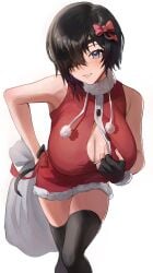 1girls big_breasts black_hair blush breasts chainsaw_man christmas christmas_outfit cozyu eye_contact eye_patch female female_only fully_clothed himeno_(chainsaw_man) legwear light-skinned_female light_skin looking_at_viewer presenting presenting_breasts solo thighhighs thighs