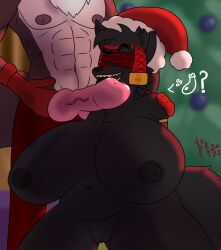 big_breasts big_penis breasts canid canine canis christmas christmas_clothing christmas_headwear clothing destruteka genitals gloves handwear hat headgear headwear hi_res hoki_(joseluisgm) holidays kneeling leonardo_aegis_(terraaegis8) licking mammal nipples penis santa_hat shoulder_grab tongue tongue_out wolf