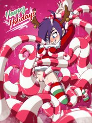 1girls blue_eyes blush christmas christmas_outfit consensual_tentacles female female_only happy_holidays hi_res linkerlewds purple_hair pussy restrained restrained_by_tentacles smile solo striped_thighhighs teeth_showing tentacle tentacle thighhighs zone-tan