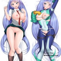 black_socks blue_eyes blue_hair breasts breasts_out dakimakura_(medium) gloves hadou_nejire hadou_nejire_(hero_outfit) hero_outfit_(mha) highres knee_socks kneehighs kneesocks long_hair my_hero_academia nejire_hado nejire_hado_(hero_outfit) nipples no_panties non-web_source open_mouth pussy school_uniform socks thick_thighs torn_clothes u.a._school_uniform very_long_hair yuj