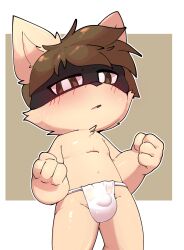 4_fingers anthro asian_clothing balls_outline blush brown_eyes brown_hair bulge clothed clothing digital_media_(artwork) domino_mask east_asian_clothing fingers fist fundoshi fundoshi_only fur genital_outline geometric_background hair hi_res japanese_clothing kennen league_of_legends looking_at_viewer male male_anthro mask navel open_mouth penis_outline riot_games short short_anthro short_male simple_background smite_(artist) solo standing tan_body tan_fur topless topless_anthro topless_male underwear underwear_only white_clothing white_underwear yordle