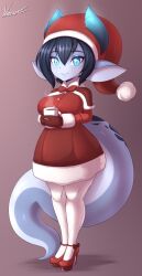 1girls 2d 2d_(artwork) big_breasts breasts christmas christmas_clothing christmas_hat christmas_outfit coffee coffee_cup dragon female female female_only hazeker hi_res highres hips outfit ruuji_(hazeker) smile tagme tail wide_hips