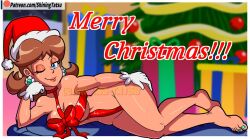 1girls ass barefoot breasts brown_hair christmas earrings eyeshadow female female_only firegon55 flower_earrings gloves lips lipstick looking_at_viewer mario_(series) nintendo princess_daisy shiningtatsu shoulder_length_hair solo supergon55 tagme tan-skinned_female tan_skin text