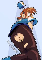 1girls ass bent_over blush brown_hair denise_marmalade glasses mega_man mega_man_legends pussy smutichi the_misadventures_of_tron_bonne torn_clothes wardrobe_malfunction