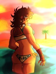 ass ass_cleavage ass_focus beach blue_eyes brown_hair brown_skin butt_crack butt_focus chromexorannex coco_joestar earrings muscular_female original_character ourobouro smiling smiling_at_viewer sweat sweaty_body swimsuit toned_female