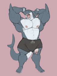 anthro bee_(maybee) big_muscles big_penis body_hair bulge chest_hair clothing dick_slip fish genitals hi_res male male_only marine muscular nipple_piercing nipples open_mouth pecs penis piercing shark solo stretching wardrobe_malfunction yasano yawn