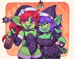 2girls alcohol arm_around_shoulders arm_around_waist blush bottle christmas cleavage clothing eyeshadow female female_only goblin goblin_female goobone goth green-skinned_female green_skin hi_res lip_ring looking_at_viewer mistletoe narrowed_eyes pointy_ears purple_eyes purple_eyeshadow purple_hair red_eyes red_hair sharp_teeth shortstack smiling smiling_at_viewer upper_teeth yellow_sclera