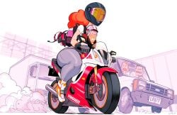 1boy 3girls blank_eyes car driving heart_eyes maxine_(spitty) maxine_(spitty) monroe_(spitty) monroe_(spitty) motorcycle motorcycle_helmet nervous_smile original outdoors pants red_hair size_difference spitty taller_female thick_thighs truck