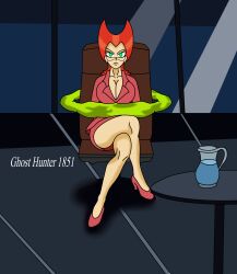 1girls business_dress business_suit business_woman commentary commentary_request danny_phantom female female_only ghost_girl ghosthunter1851(artist) green_eyes heels high_heels hostage large_breasts legs_crossed nickelodeon penelope_spectra red_eyes short_hair sitting_on_chair solo tied_up