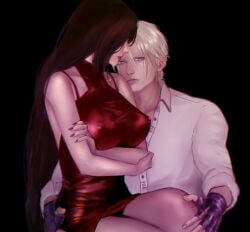 1boy 1girls ass_grab blonde_hair blue_eyes busty elegant female festive final_fantasy final_fantasy_vii final_fantasy_vii_remake fingerless_gloves gloves hand_on_ass hand_on_leg long_hair male/female nipples nipples_visible_through_clothing on_lap red_dress rufus_shinra short_dress sitting_on_lap straight tifa_lockhart tight_clothes tight_clothing tight_dress voaleine